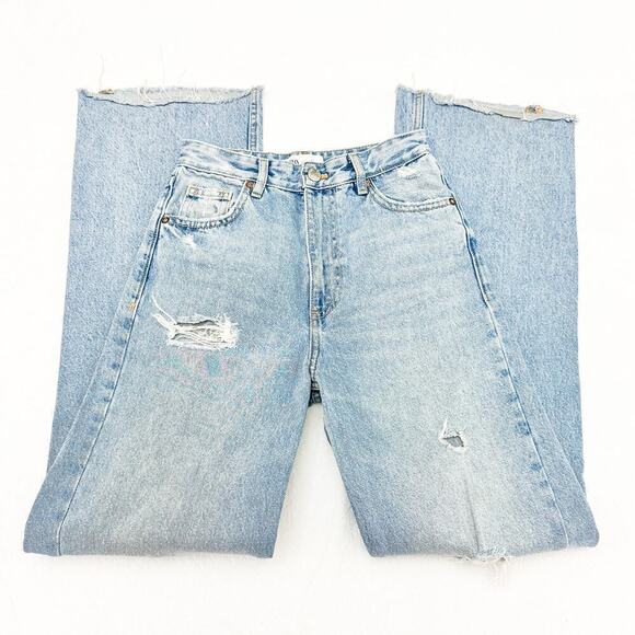 Zara Ripped Denim Cutoff Light Jeans Wide Leg Size 2 - Picture 4 of 7